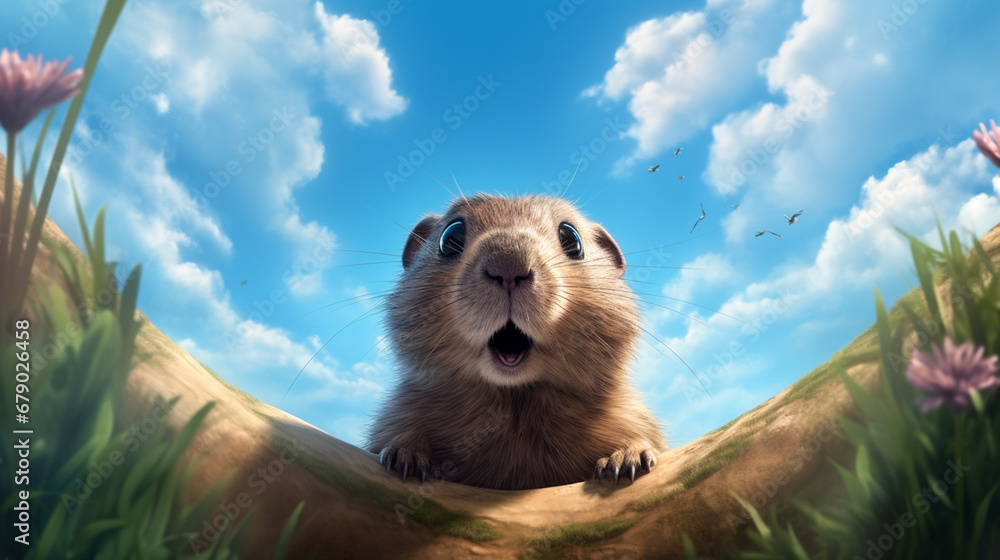 Groundhog Day ,the funny cartoon groundhog is in a hole with text happy groundhog day - obrazy, fototapety, plakaty 