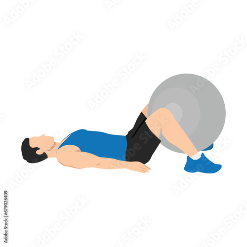 Man doing swiss ball squeezes exercise. Flat vector illustration isolated on white background