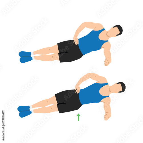 Man doing side plank hip raises exercise. Flat vector illustration isolated on white background