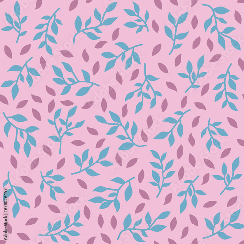 Tiny foliage seamless pattern. Blue and pink thin brunches hand drawn on soft pink background. Elegant botanical leafy feminine pattern. Monochrome flat floral allover print