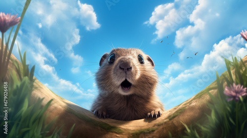 Groundhog Day ,the funny cartoon groundhog is in a hole with text happy groundhog day photo