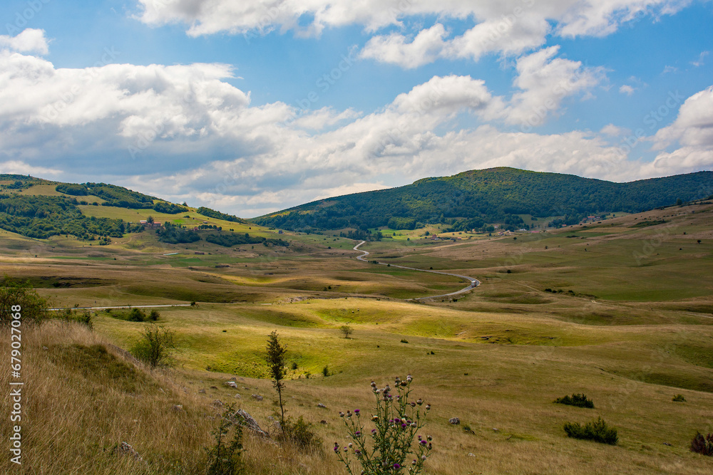 Sinkholes in the Bravsko Polje karst landscape near Bosanski Petrovac in Una-Sana Canton, the Federation of Bosnia and Herzegovina. Early September