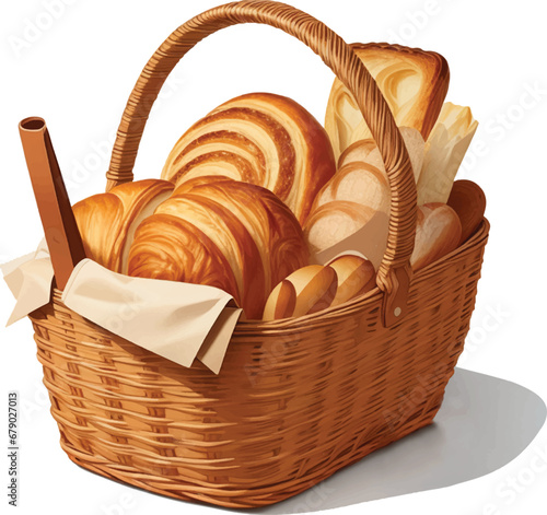 a basket of breads isolated on white background