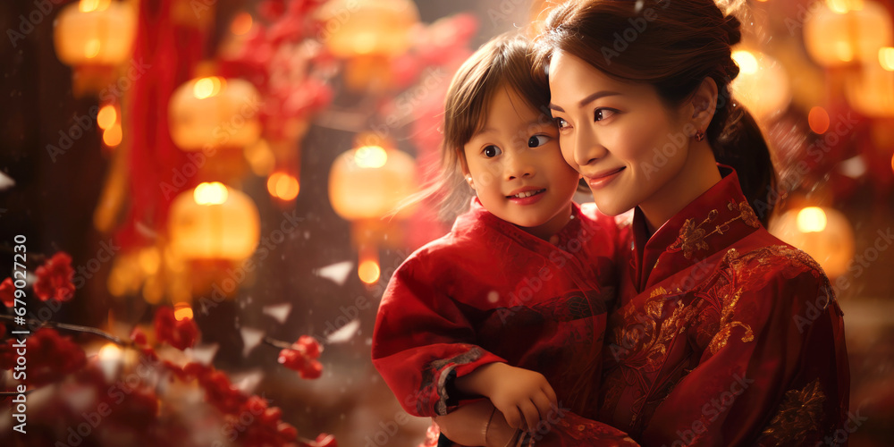 Mother and kid, Chinese new year traditional background, lunar spring festival Mother and kid, Chinese new year traditional background, lunar spring festival