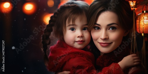 Mother and kid, Chinese new year traditional background, lunar spring festival