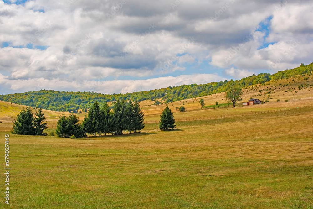 The summer landscape near Gornje Ratkovo in the Ribnik municipality of Banja Luka region, Republika Srpska, Bosnia and Herzegovina. Early September