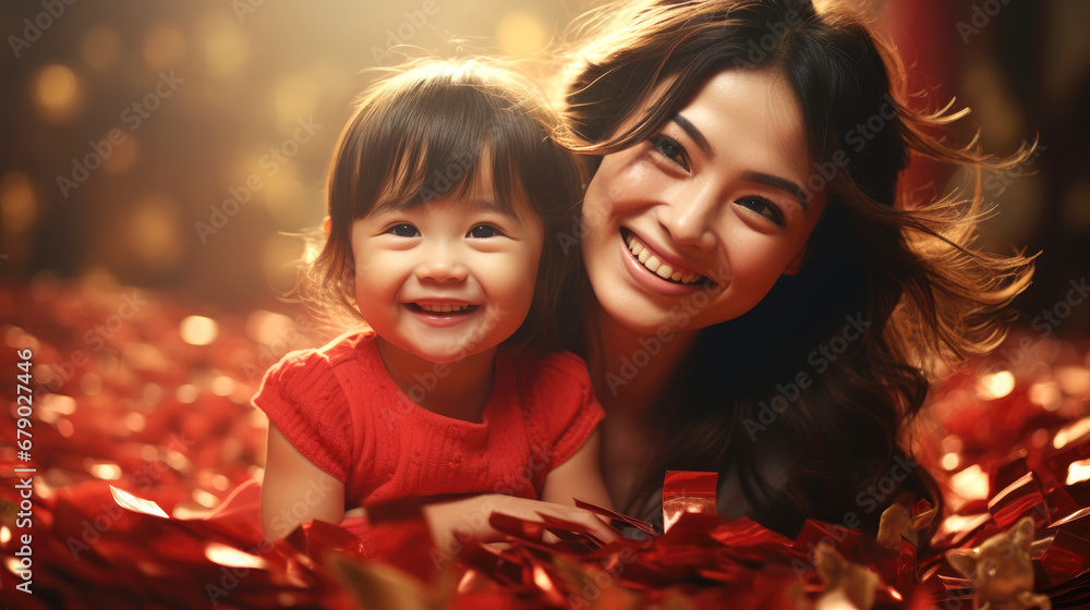 Mother and kid, Chinese new year traditional background, lunar spring festival Mother and kid, Chinese new year traditional background, lunar spring festival