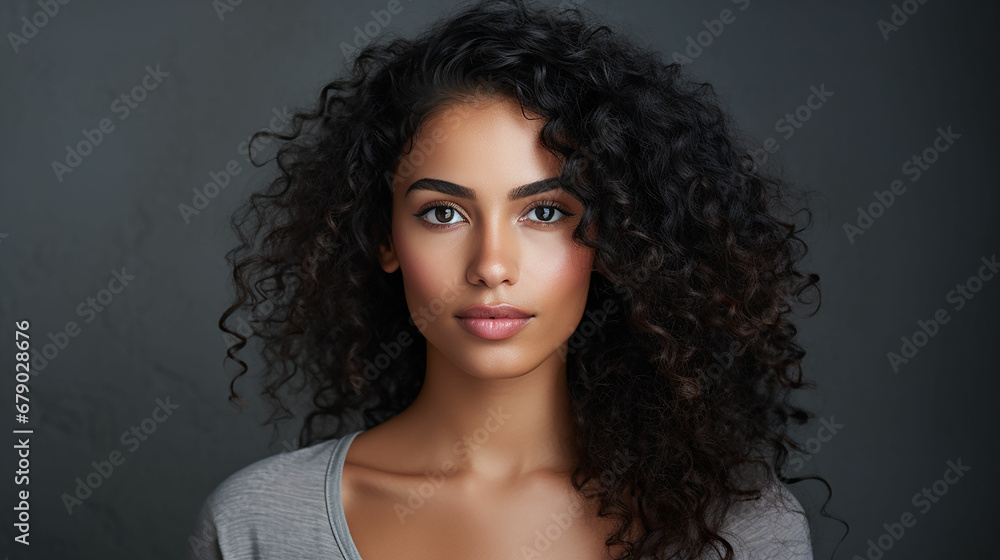 Close up face of young woman isolated on grey wall with copy space. Successful multiethnic girl. Latin woman looking at camera against gray wall. Made with generative ai Close up face of young woman isolated on grey wall with copy space. Successful multiethnic girl. Latin woman looking at camera against gray wall. Made with generative ai