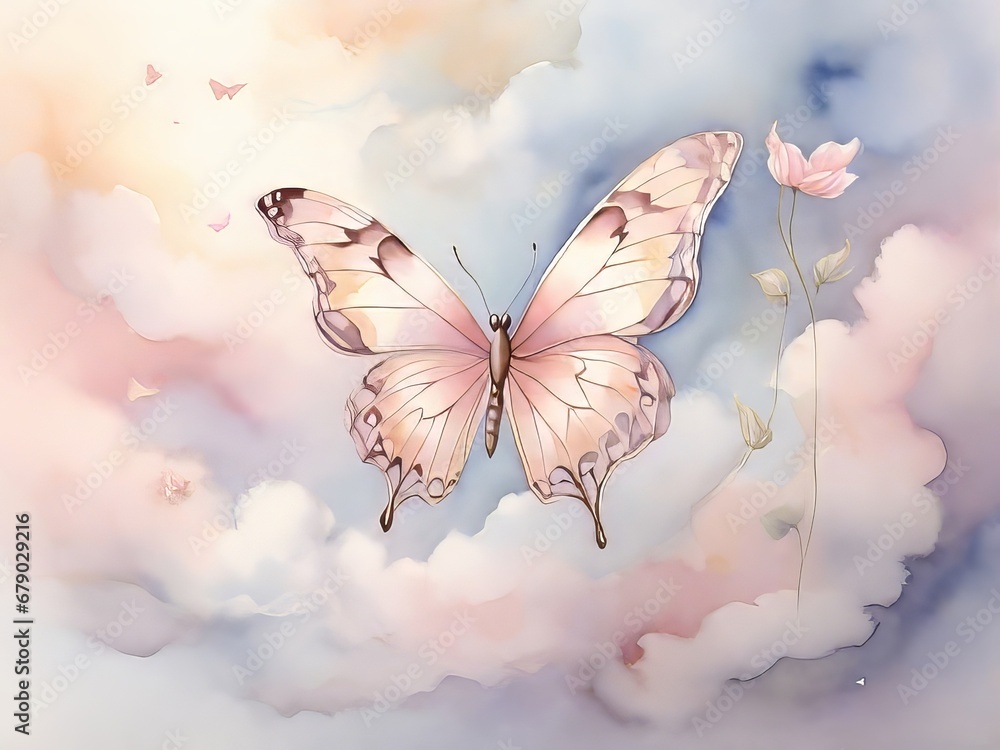 Una mariposa grácil, representada en acuarelas suaves y soñadoras, bailando entre las nubes en un cielo