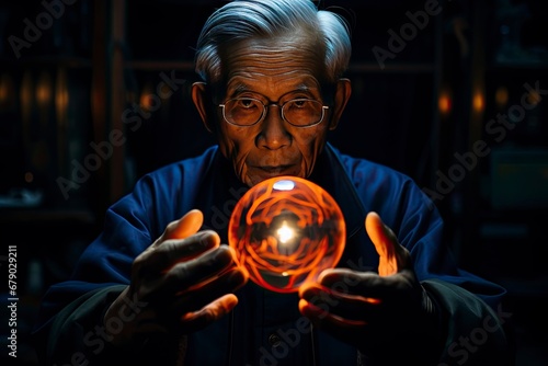 Japanese Old Man with Enchanted Orb in Hand Against a dark background.