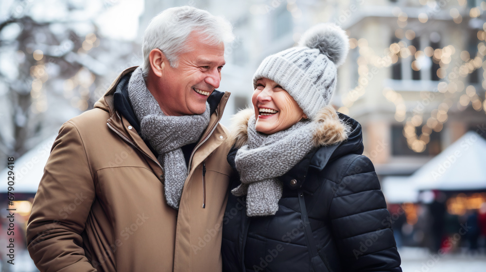 Fototapeta premium Portrait of a senior couple smiling while standing in front of the europian city in wintertime