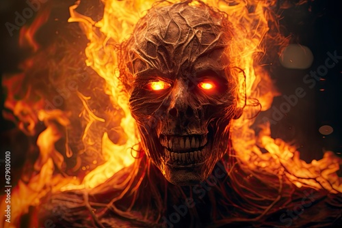 Close-Up View of a Fireman's Face with the Intensity of Flames Reflected.