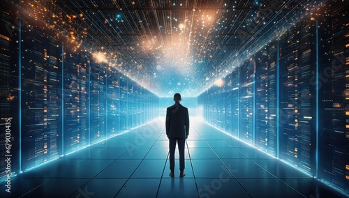 Rear View of a Man Standing in a Data Center.