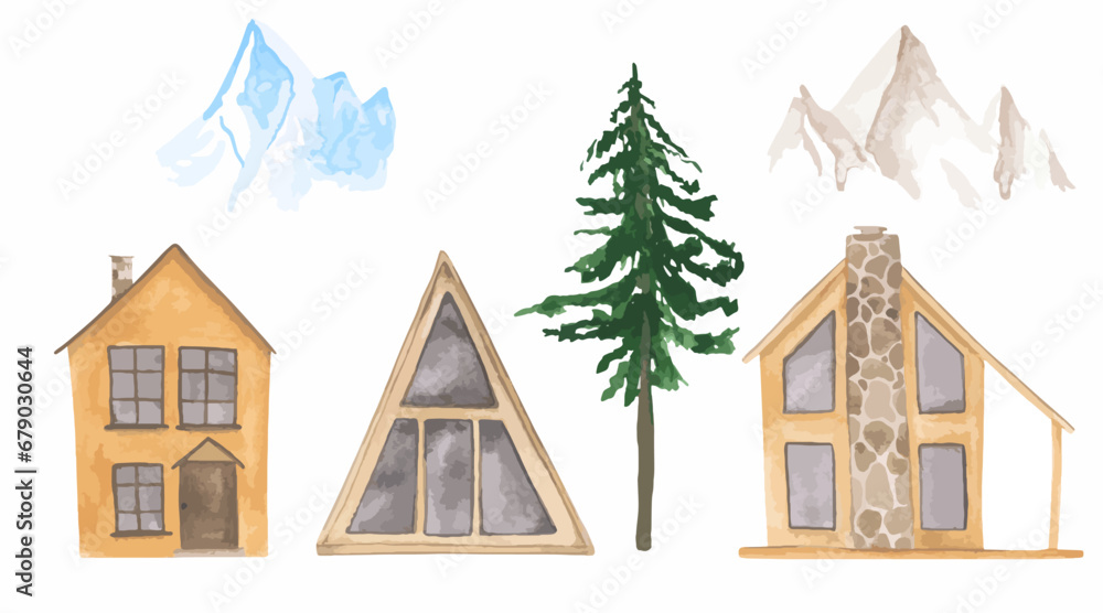 Cabins, pine trees, and mountains are isolated on a white background. Set of 6 watercolor landscape scene objects. 2 floors of buildings, a tree, and glacier clipart. Vector facades of modern houses.