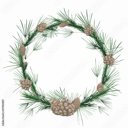 Vector winter wreath isolated on a white background. Christmas round frame. Branches of pine trees and pinecones illustration for your design. Woodland clipart. Rustic decor. Forest art.