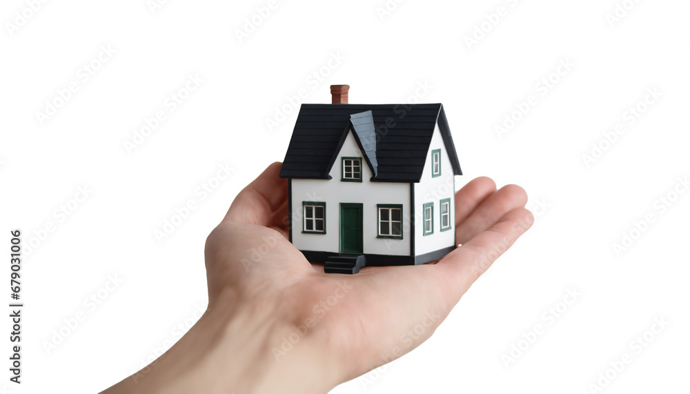 Hand holding a model house in transparent background PNG Hand holding a model house in transparent background PNG