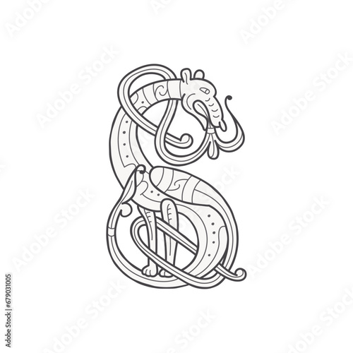 S letter logo. Medieval drop caps monogram. Initials made of spiral Celtic beasts, snake, dragon. Gothic illuminated calligraphy. Middle Ages heraldic ornate capitals. Germanic font for pagan tattoos.