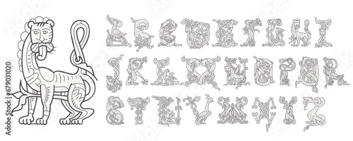 Medieval drop caps alphabet. Initials made of spiral Celtic beasts, lions, birds. Gothic illuminated calligraphy. Middle Ages heraldic ornate capitals. Germanic font for tattoos, pagan music, potions.