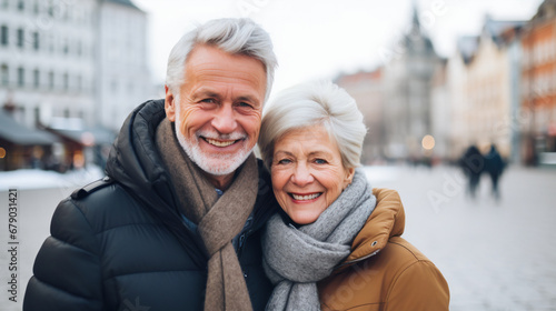 Portrait of a senior couple smiling while standing in front of the europian city in wintertime photo