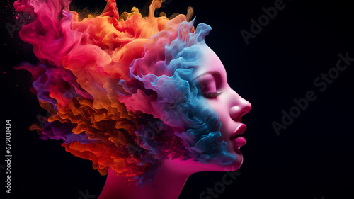 Abstract head exploding with colored smoke powders. Concept of creativity, idea, or brainstorming. photo