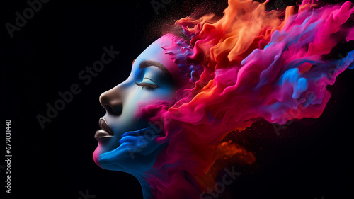 Abstract head exploding with colored smoke powders. Concept of creativity  idea  or brainstorming.