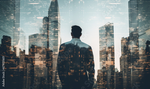 Double exposure of a man looking at skyscrapers with city office building