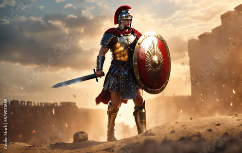 Attacking savage and brutal imperial soldier from rome in steel armour and red cloak holding sword and shield in dark background. roman legionnaires in armor standing alone. Generative ai photo