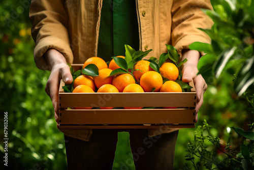 farmer holds ripe oranges in wooden crate, citrus fruits, harvesting concept photo