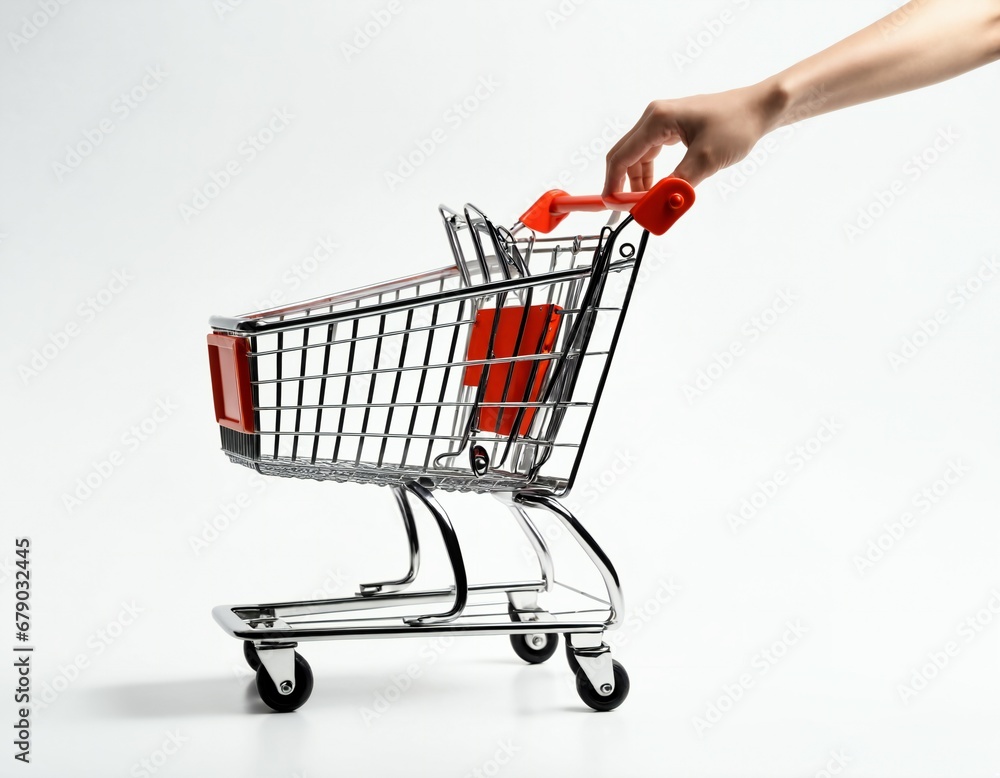 hand holding empty shopping cart with copy space hand holding empty shopping cart with copy space