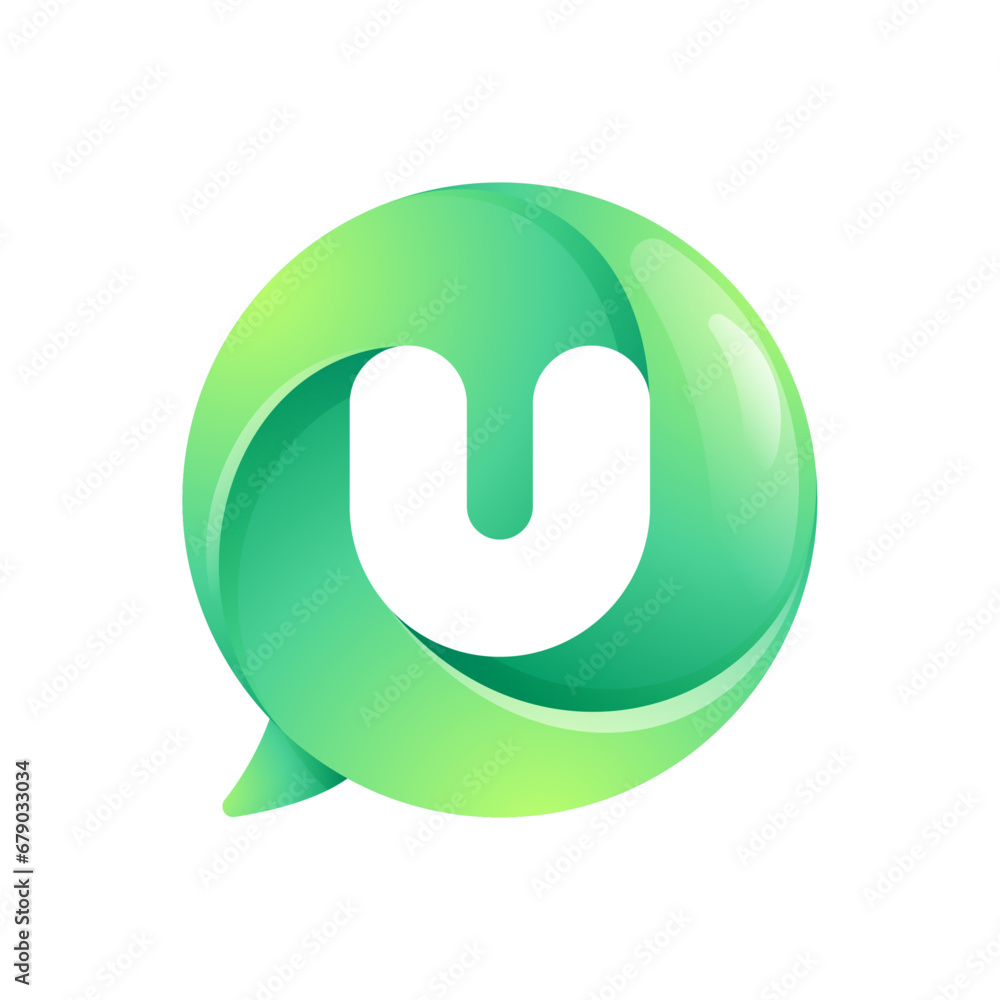 U letter logo inside speech bubble with swirl pattern. Negative space style icon. Colorful gradient emblem for your social media app, call center, online message, feedback icon, telemarketing screen. U letter logo inside speech bubble with swirl pattern. Negative space style icon. Colorful gradient emblem for your social media app, call center, online message, feedback icon, telemarketing screen.
