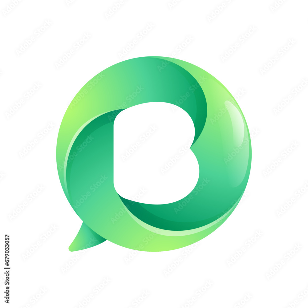 B letter logo inside speech bubble with swirl pattern. Negative space style icon. Colorful gradient emblem for your social media app, call center, online message, feedback icon, telemarketing screen. B letter logo inside speech bubble with swirl pattern. Negative space style icon. Colorful gradient emblem for your social media app, call center, online message, feedback icon, telemarketing screen.