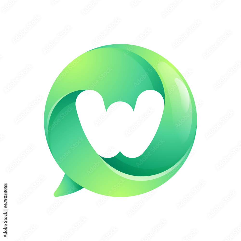 W letter logo inside speech bubble with swirl pattern. Negative space style icon. Colorful gradient emblem for your social media app, call center, online message, feedback icon, telemarketing screen. W letter logo inside speech bubble with swirl pattern. Negative space style icon. Colorful gradient emblem for your social media app, call center, online message, feedback icon, telemarketing screen.