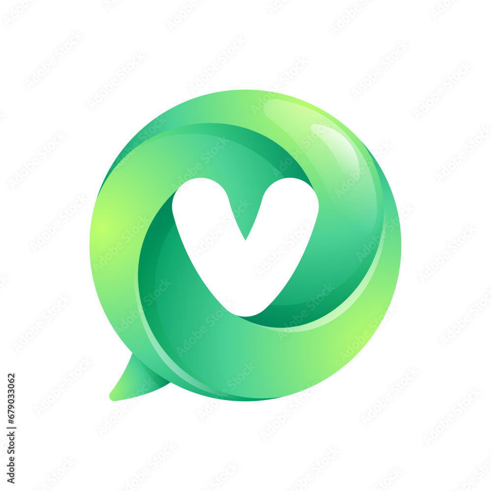 V letter logo inside speech bubble with swirl pattern. Negative space style icon. Colorful gradient emblem for your social media app, call center, online message, feedback icon, telemarketing screen. V letter logo inside speech bubble with swirl pattern. Negative space style icon. Colorful gradient emblem for your social media app, call center, online message, feedback icon, telemarketing screen.