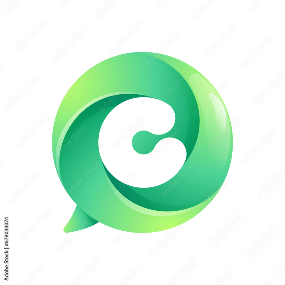 C letter logo inside speech bubble with swirl pattern. Negative space style icon. Colorful gradient emblem for your social media app, call center, online message, feedback icon, telemarketing screen. C letter logo inside speech bubble with swirl pattern. Negative space style icon. Colorful gradient emblem for your social media app, call center, online message, feedback icon, telemarketing screen.