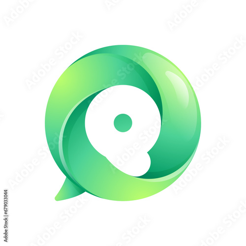 Q letter logo inside speech bubble with swirl pattern. Negative space style icon. Colorful gradient emblem for your social media app, call center, online message, feedback icon, telemarketing screen.