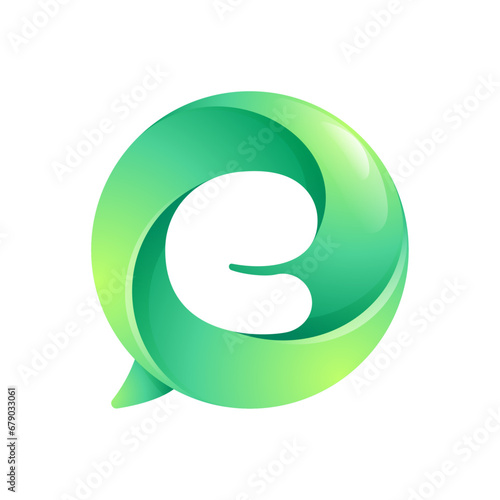 E letter logo inside speech bubble with swirl pattern. Negative space style icon. Colorful gradient emblem for your social media app, call center, online message, feedback icon, telemarketing screen.