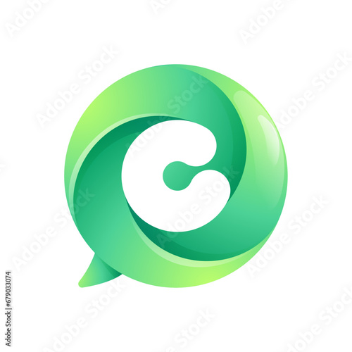 C letter logo inside speech bubble with swirl pattern. Negative space style icon. Colorful gradient emblem for your social media app, call center, online message, feedback icon, telemarketing screen.