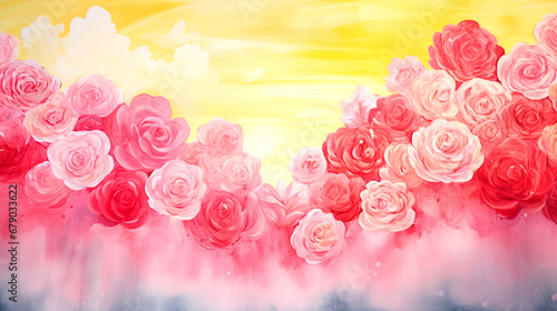 Beautiful red pink yellow Roses Background for Valentine s day  watercolor painting