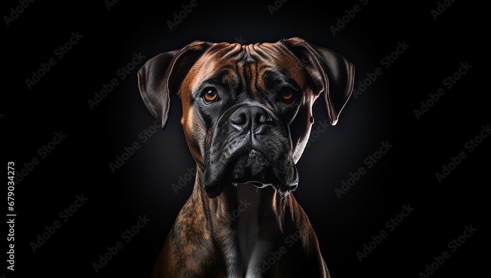 Experience the captivating contrast of light and shadow as a powerful Boxer takes center stage against a sleek black backdrop.