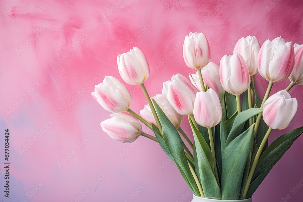 pink and white tulips of the on the pink background pink and white tulips of the on the pink background