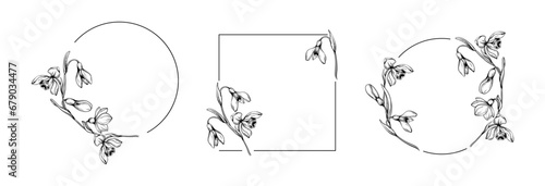 First spring flowers. Snowdrops vector graphic illustration. Delicate flowers circle and squar frame for celebration design.