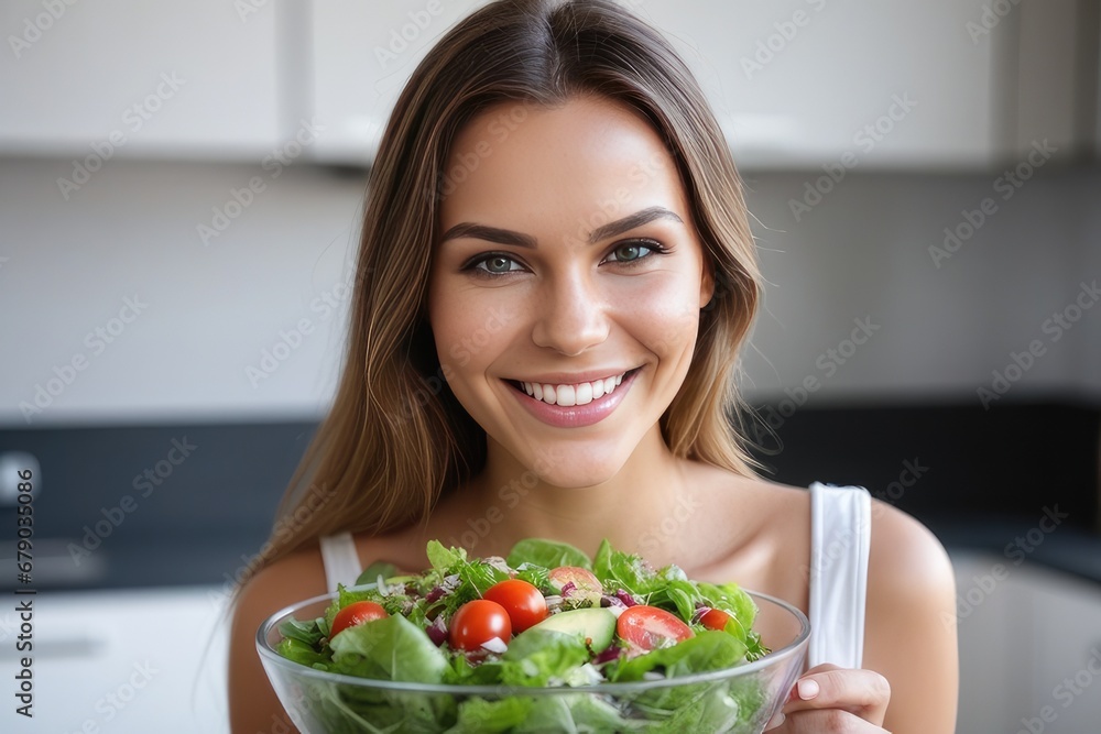 smiling woman holding bowl of salad smiling woman holding bowl of salad