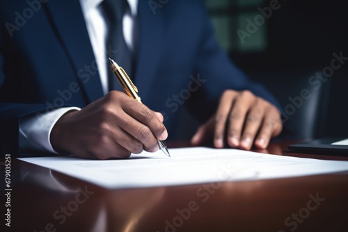 A detailed shot capturing a businessperson's hand as they sign a crucial document.