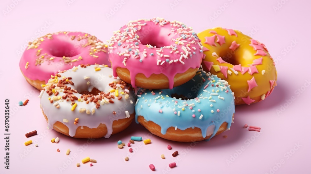 Delicious, colorful donuts on a pink background. Delicious, colorful donuts on a pink background.