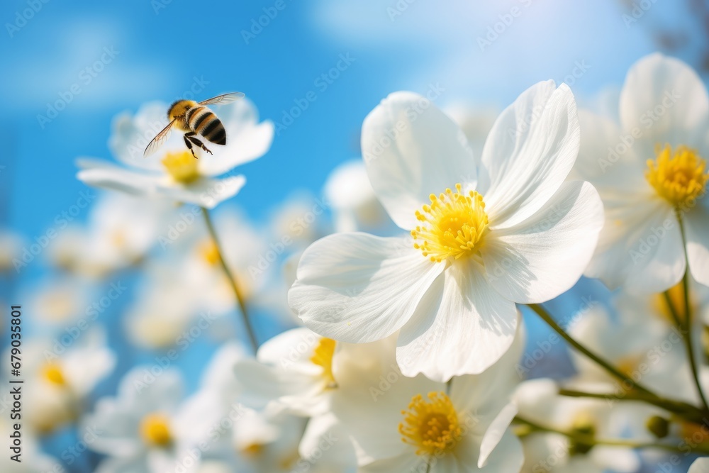 White anemone flower with detailed macro butterfly and bug White anemone flower with detailed macro butterfly and bug