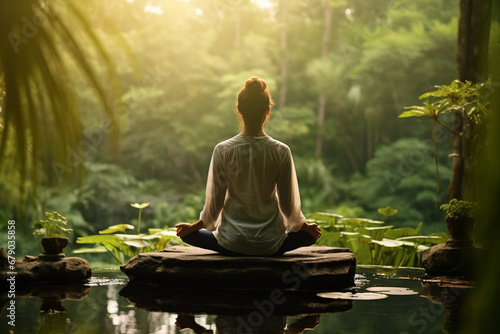 Healthy lifestyle, states of mind concept. Woman meditating or making yoga in dense jungles and illuminated with sun light photo