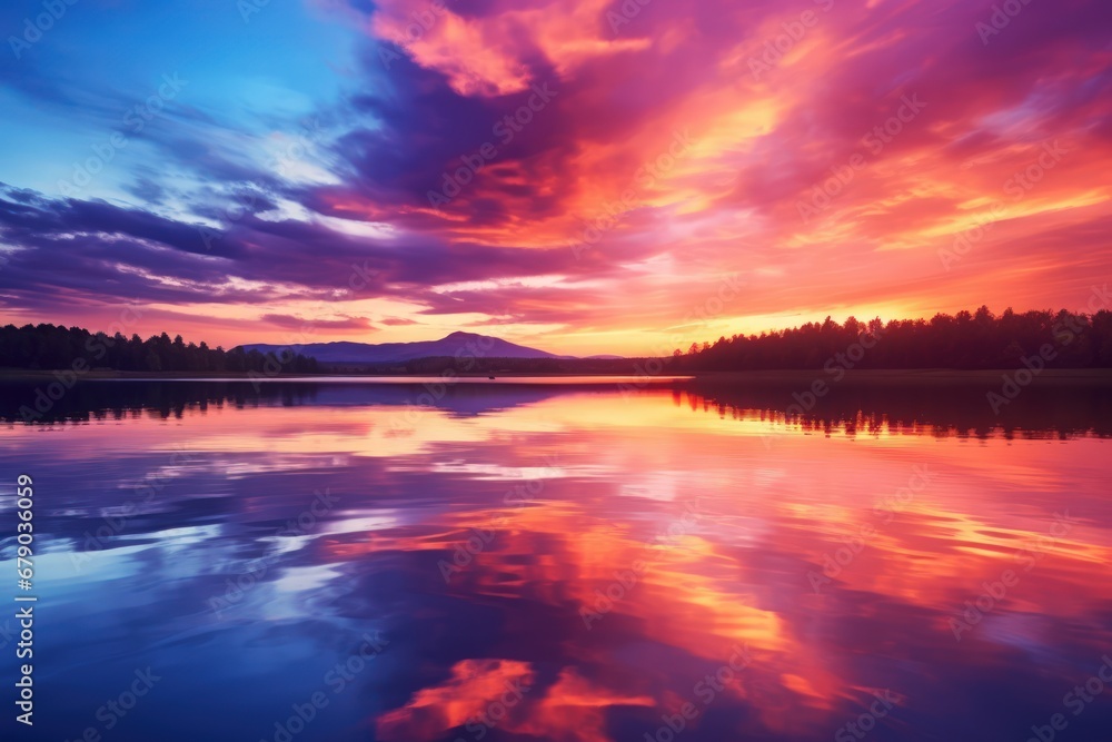 Tranquil lake, ablaze in orange and purple sunset hues.