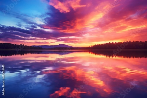 Tranquil lake, ablaze in orange and purple sunset hues.