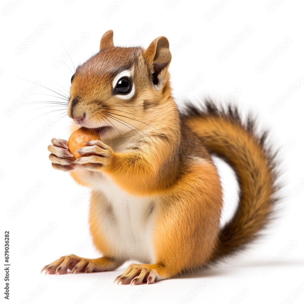 Obraz premium Cute chipmunk eating nut, isolated on white background