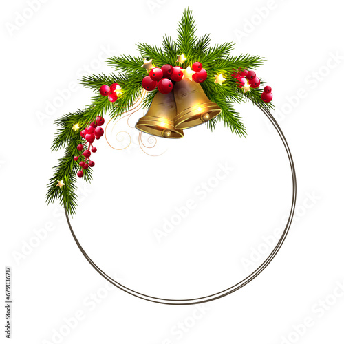 Isolated round wreath with golden bells,Christmas illustration.